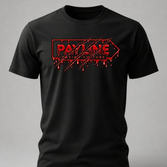 Black Claw Marks Halloween Tee with a blood-red clawed Payline logo, Payline Casino Culture