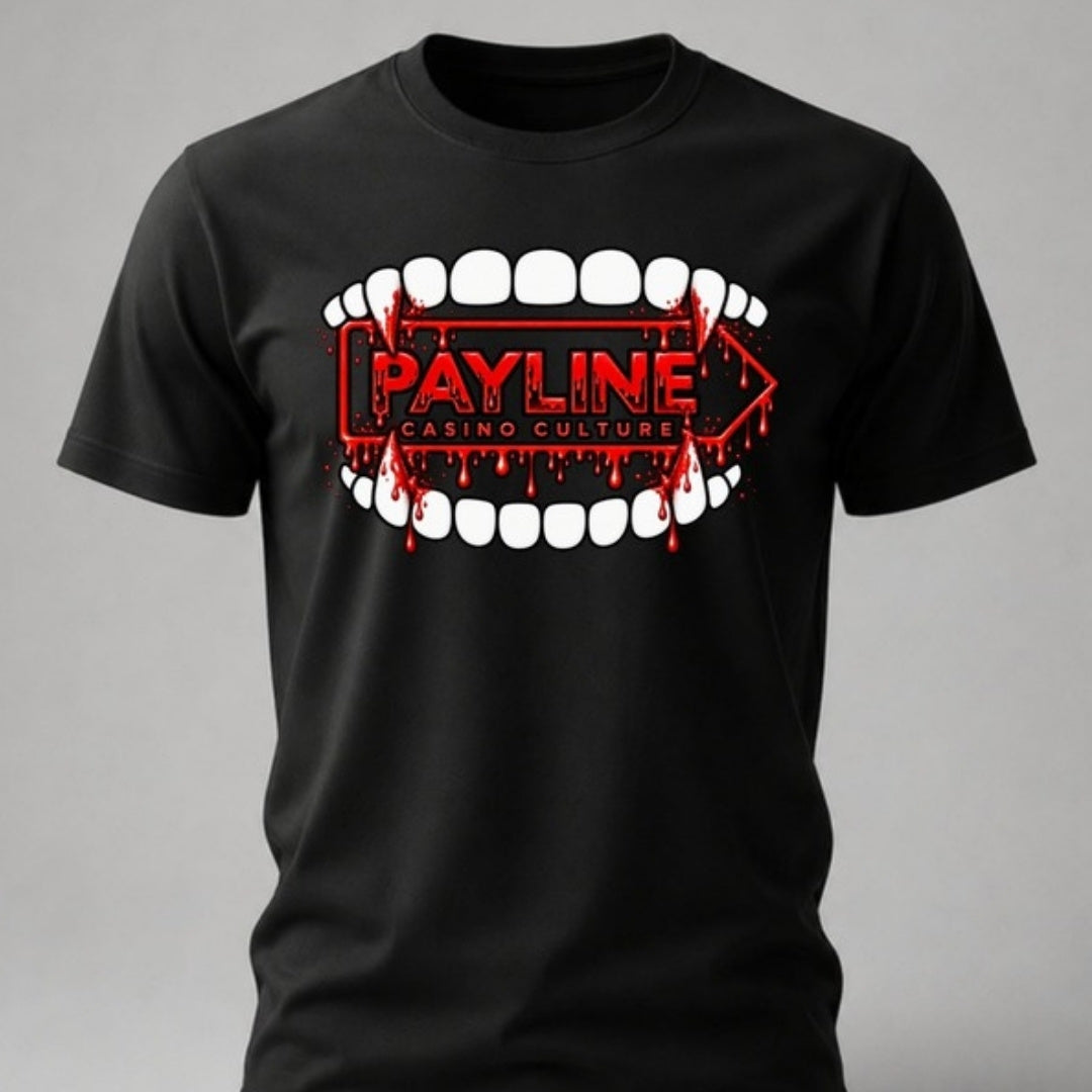 Black Vampire Bite Halloween Tee with the Payline logo inside bloody fangs, Payline Casino Culture