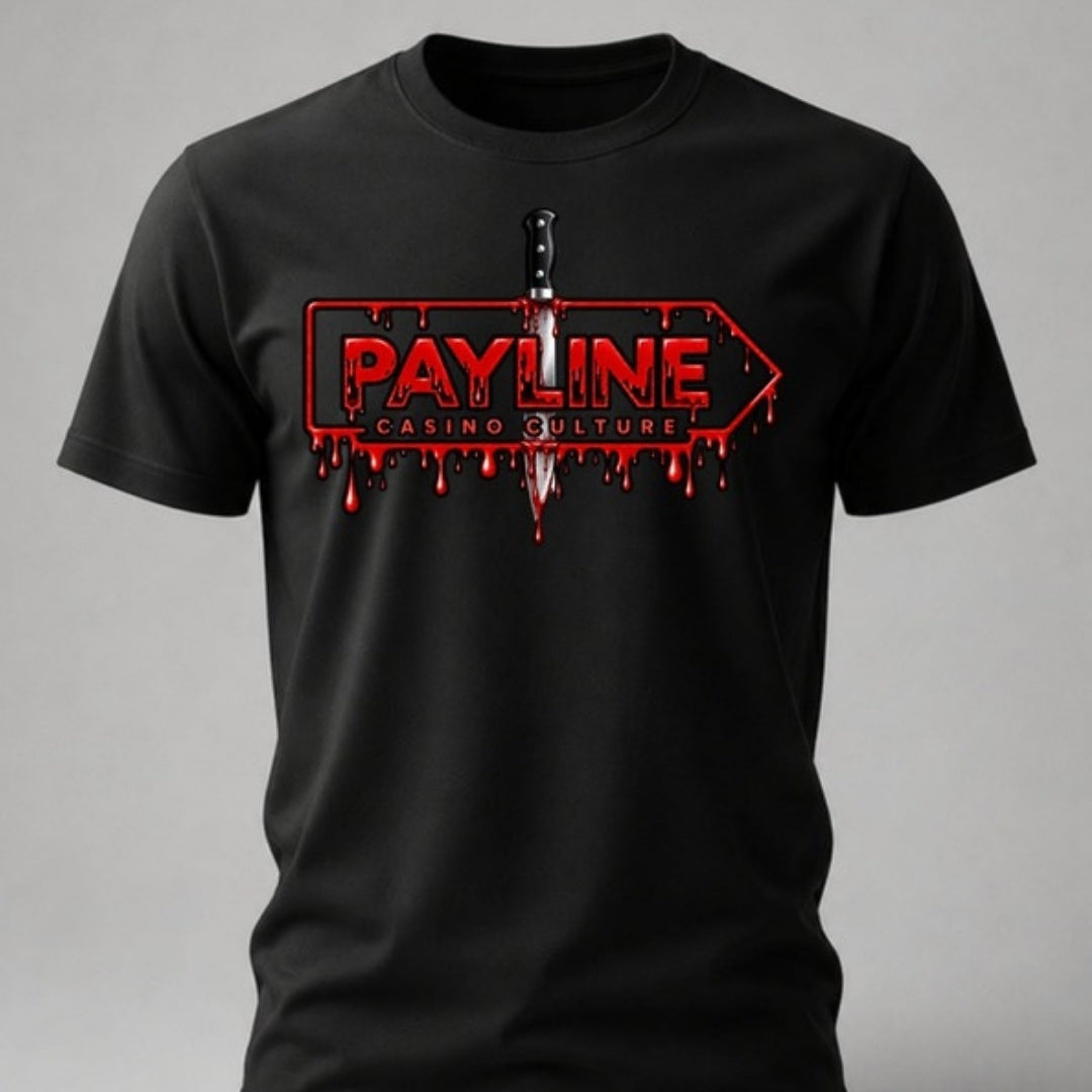Black Bloody Blade Halloween Tee with a dagger through a dripping red Payline logo, Payline Casino Culture