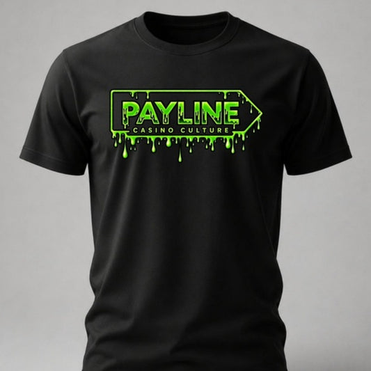 Black Toxic Slime Halloween Tee with a dripping neon green Payline logo, Payline Casino Culture