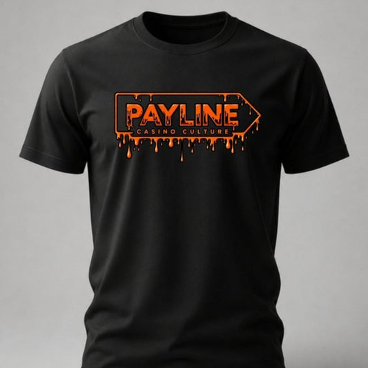 Black Pumpkin Drip Halloween Tee with a dripping orange Payline logo, Payline Casino Culture