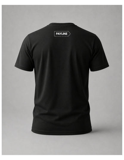 Back view of the black Last Money Never Dies Tee with a white Payline Casino Culture logo at the neck