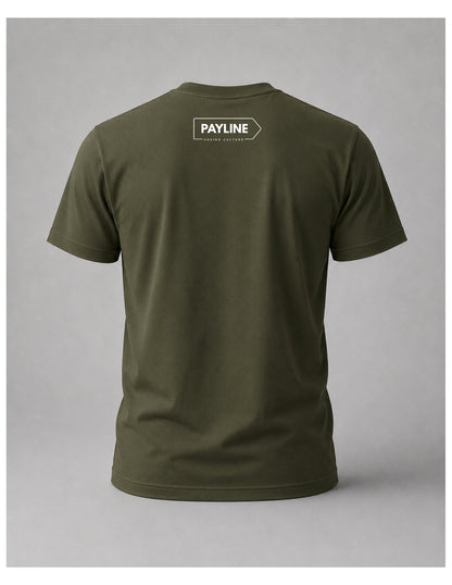 Back view of the Olive Green Last Money Never Dies Tee with a white Payline Casino Culture logo at the neck